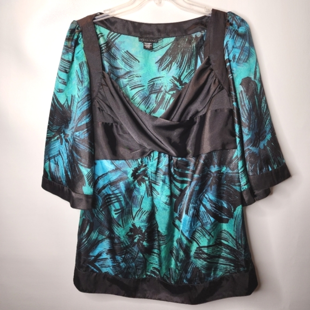 Apostrophe Top Satin Green and Black Flutter Sleeve Tunic Women's Size 18W-20W